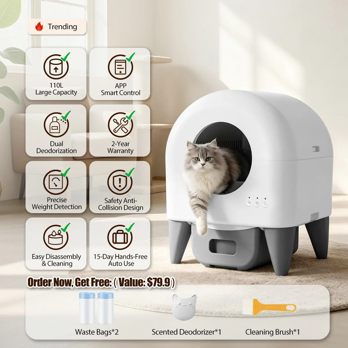 Premium Automatic Self Cleaning Cat Litter Box With App Monitoring
