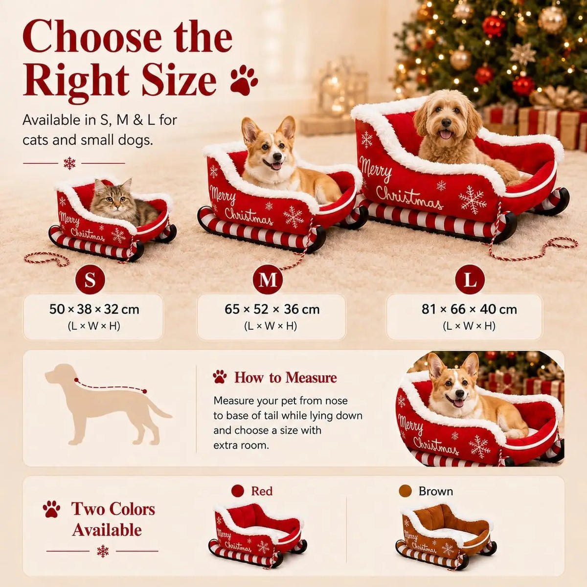 Christmas Sleigh Dog Bed With Raised Plush And Calming Comfort