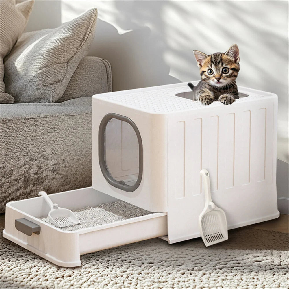 Enclosed Cat Litter Box With Protective Hood Cover And Scoop