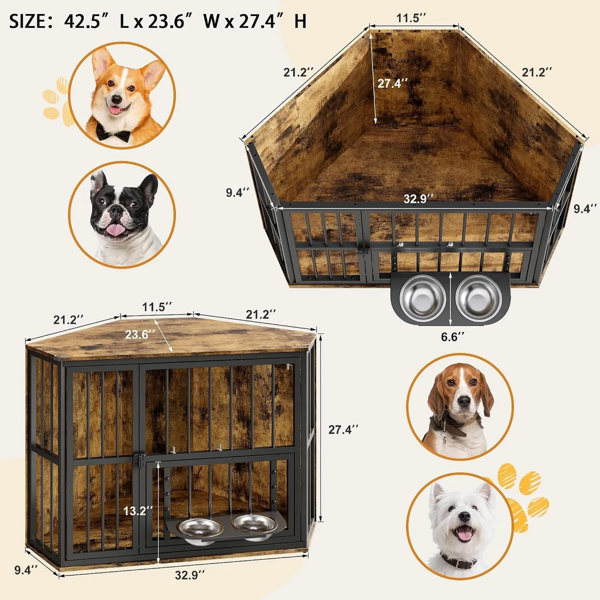 Corner Wooden Dog Crate With Rotating Door And Secure Locks