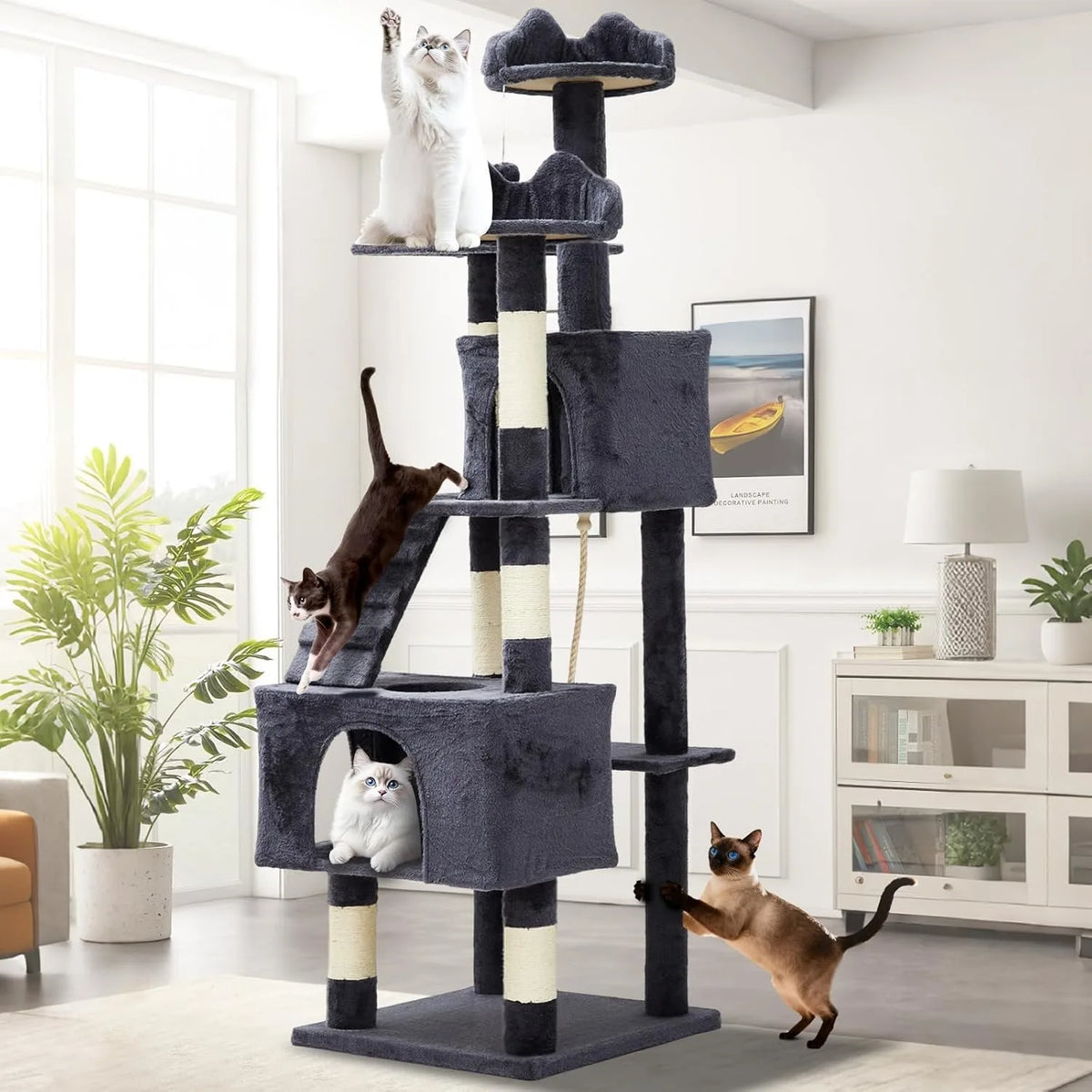 Spacious Multi Level Cat Tree With Sisal Posts And Hammock