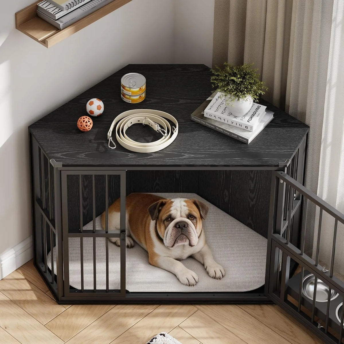 Corner Wooden Dog Crate With Rotating Door And Secure Locks