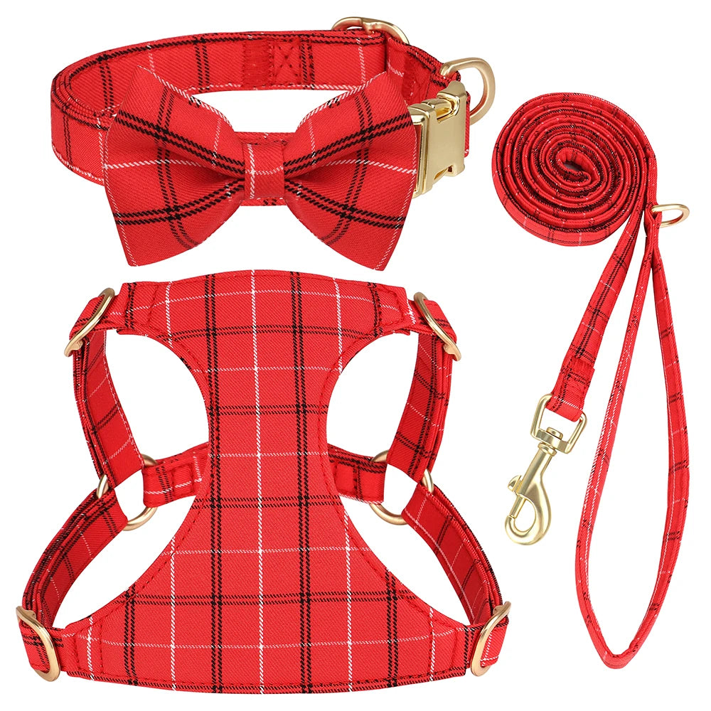 Didog Adjustable Plaid Bowtie Dog Collar Harness Leash