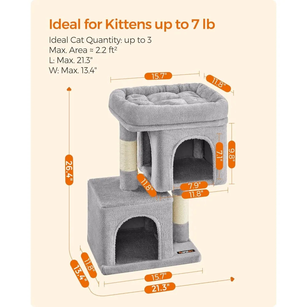XIUWO Plush Cat Tower Condo Featuring Dual Caves And Scratcher