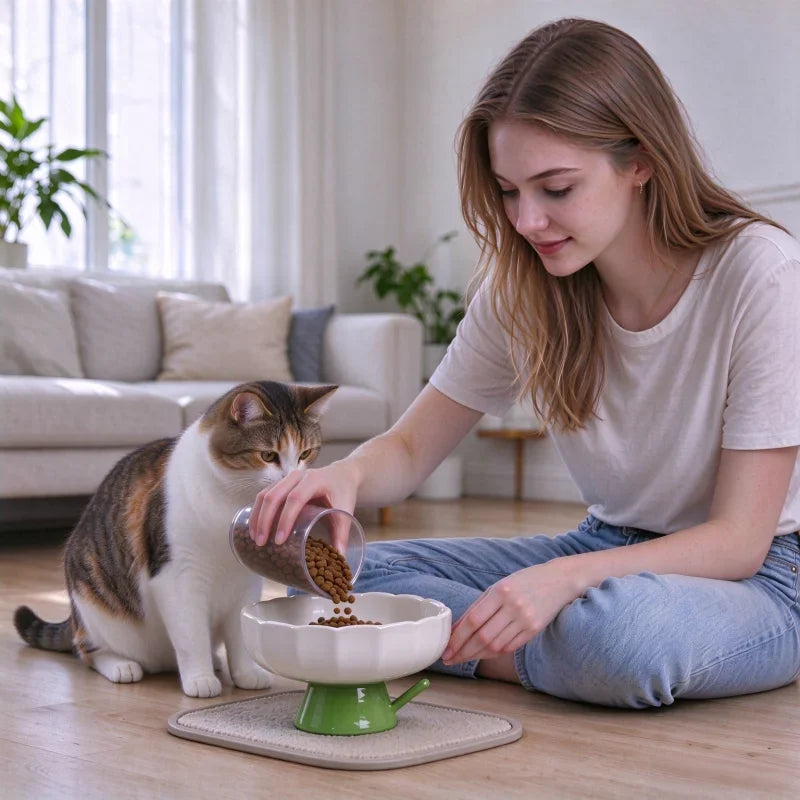 Elevated Ceramic Cat Bowl With Slanted Rim For Indoor Cats