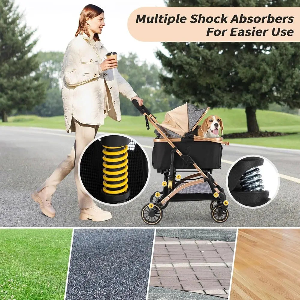 Collapsible Pet Stroller With Shock Absorbers And Storage Basket