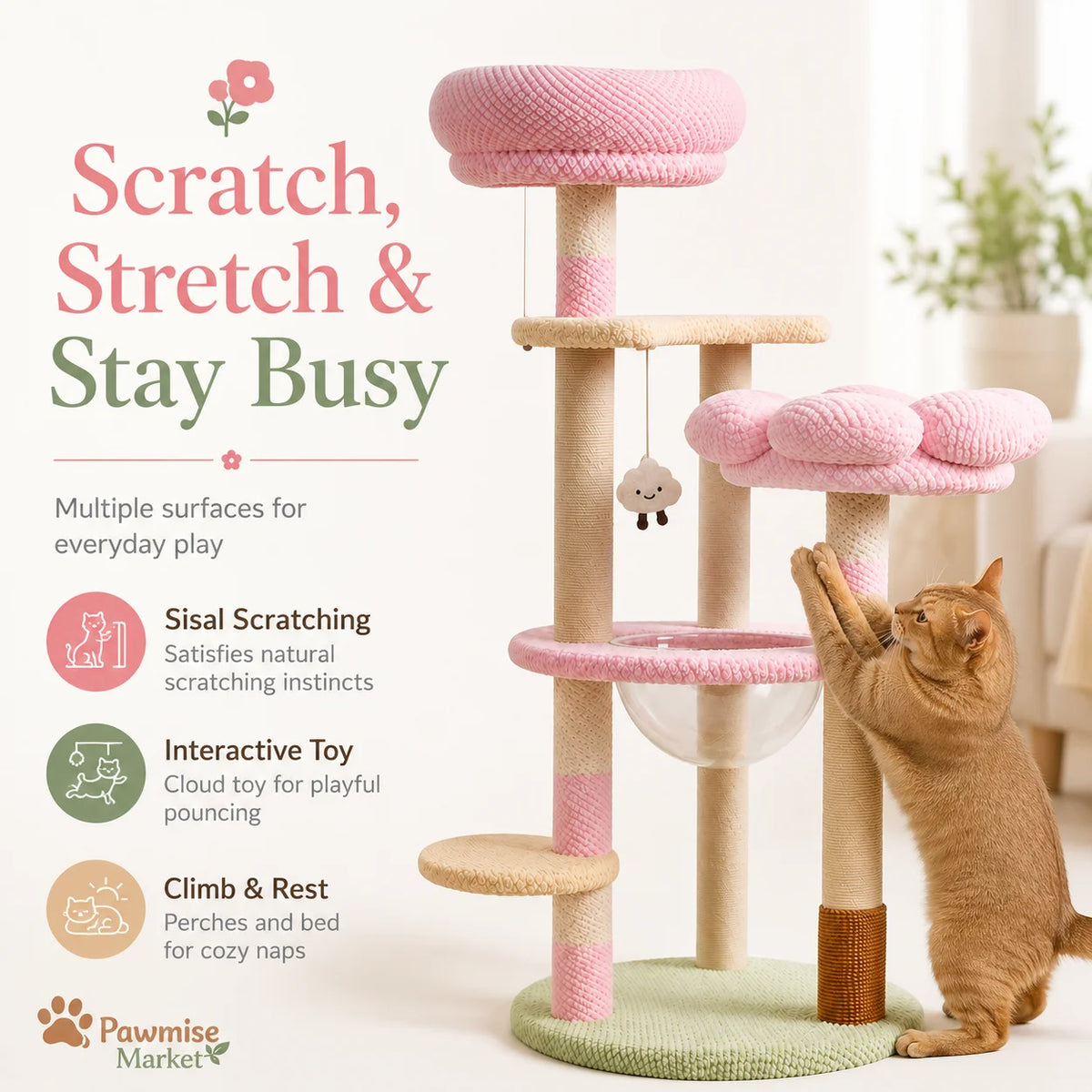 Multi Level Cat Tower With Sisal Posts And Soft Plush Perches