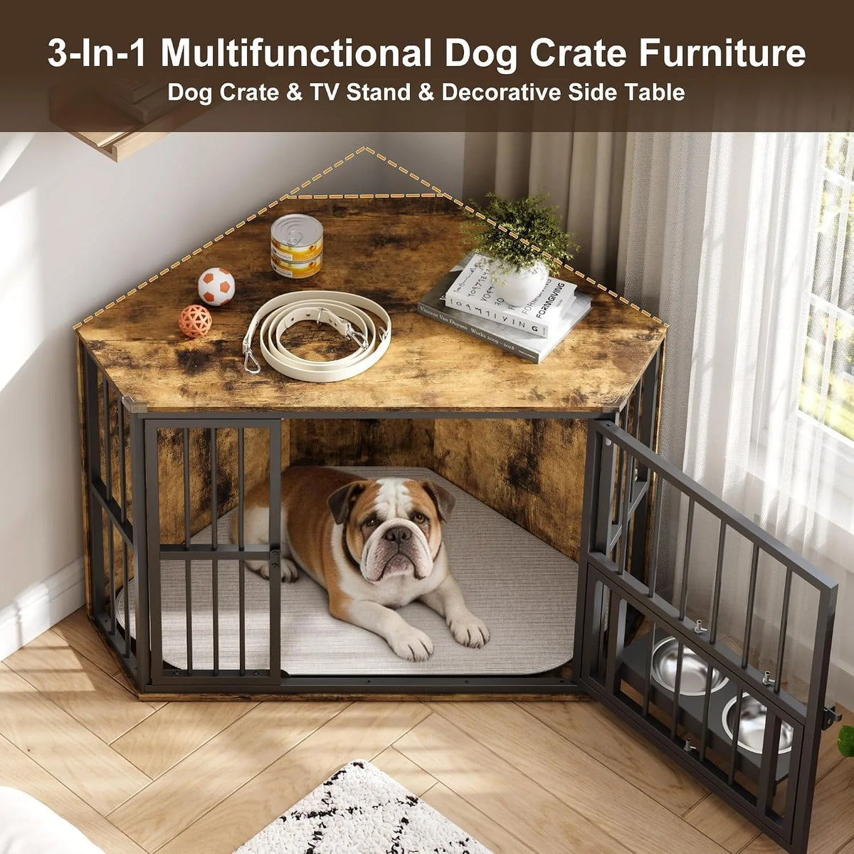Corner Wooden Dog Crate With Rotating Door And Secure Locks