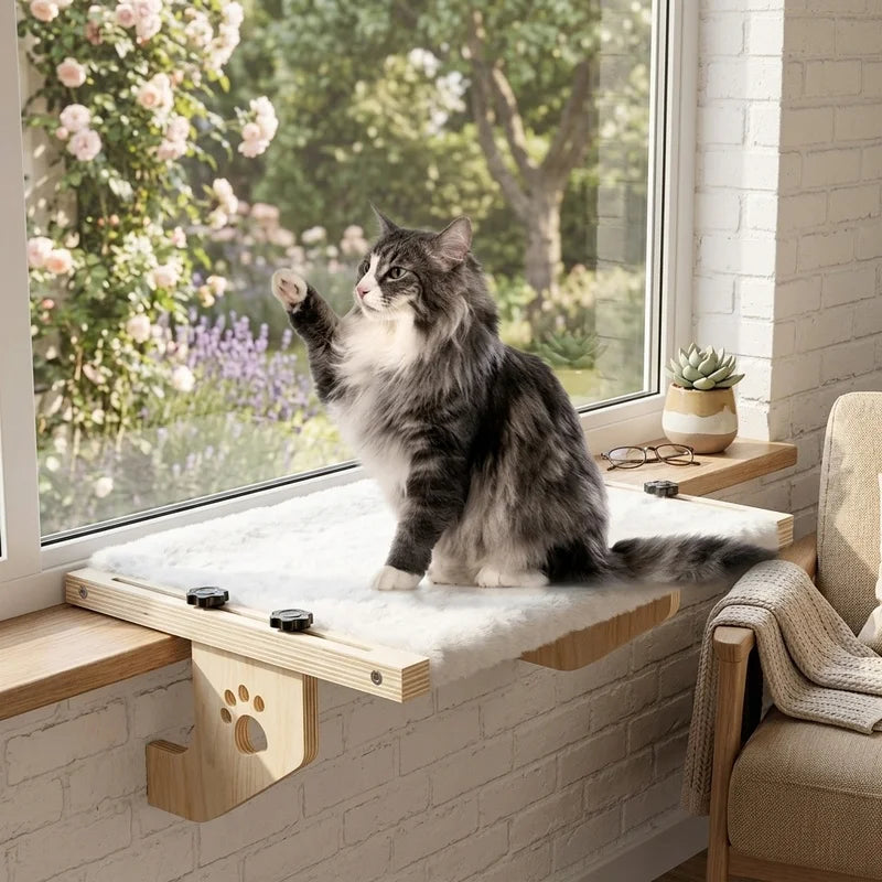 Wooden Frame Cat Window Hammock With Cushioned Paw Perch
