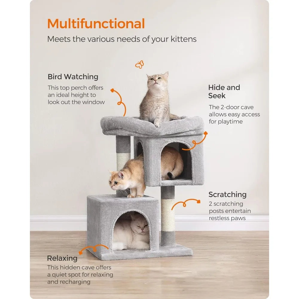 XIUWO Plush Cat Tower Condo Featuring Dual Caves And Scratcher