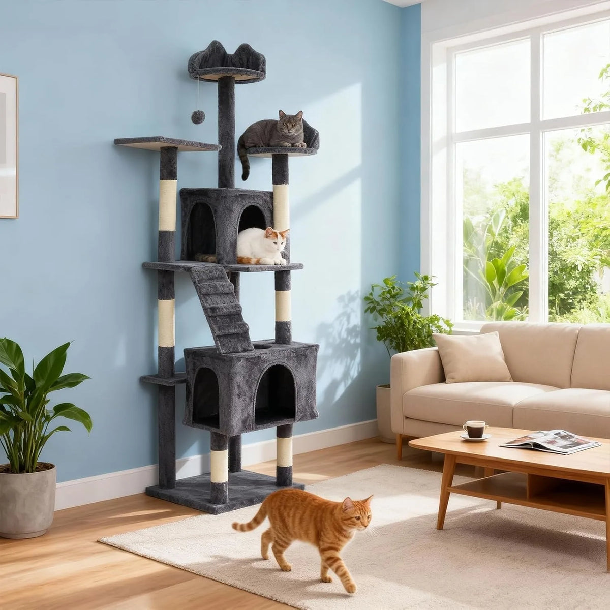 Spacious Multi Level Cat Tree With Sisal Posts And Hammock