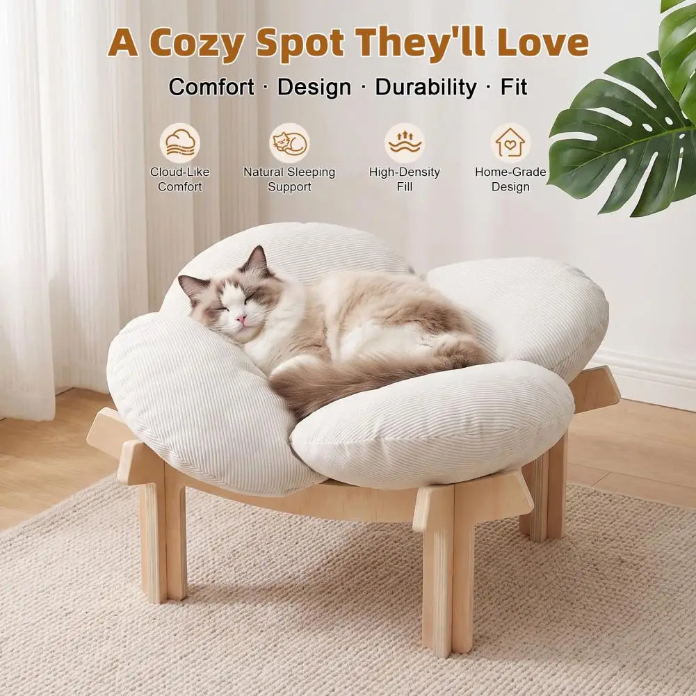 Elevated Wooden Cat Bed With Fluffy Removable Petal Cushion