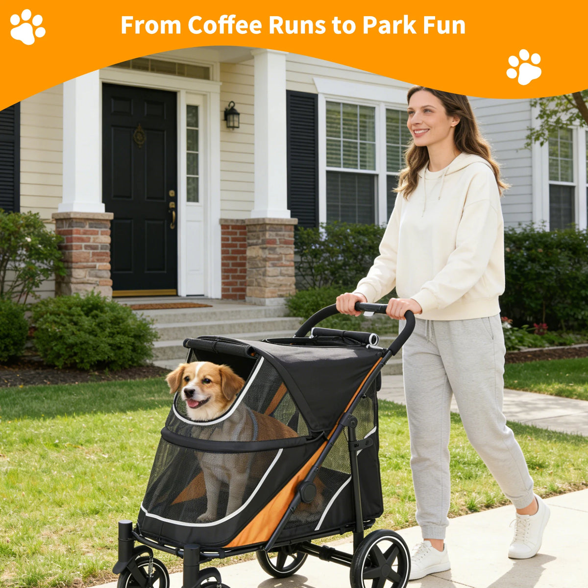 Foldable Dog Stroller With Adjustable Handle And Ventilated Canopy