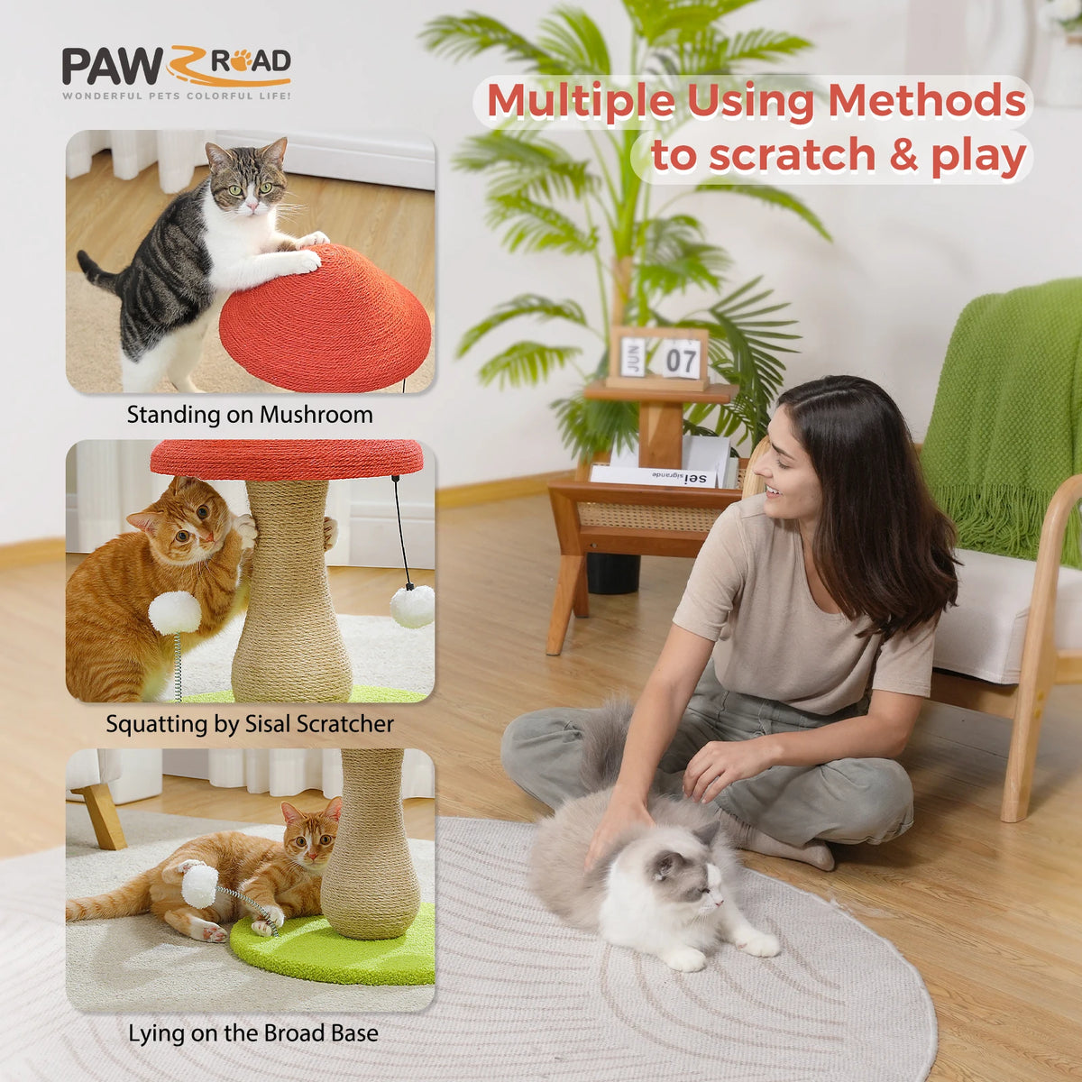 PAWZ Road Mushroom Cat Scratching Post Featuring Sisal And Pompoms