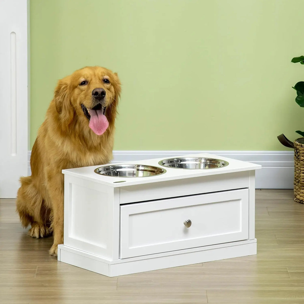 Wooden Elevated Dog Feeding Station With Drawer And Steel Bowls