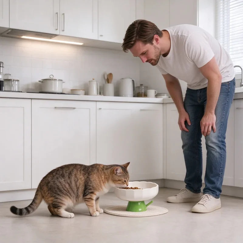 Elevated Ceramic Cat Bowl With Slanted Rim For Indoor Cats