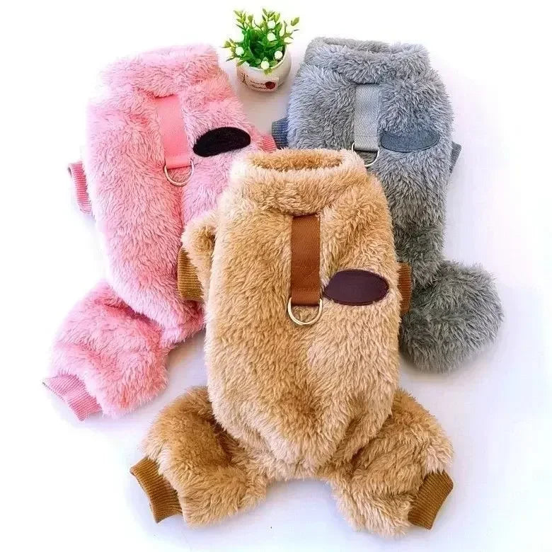 Warm Fleece Dog Jumpsuit With Pull Ring For Small Puppies