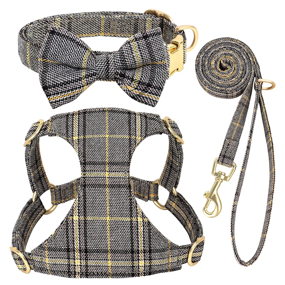 Didog Adjustable Plaid Bowtie Dog Collar Harness Leash