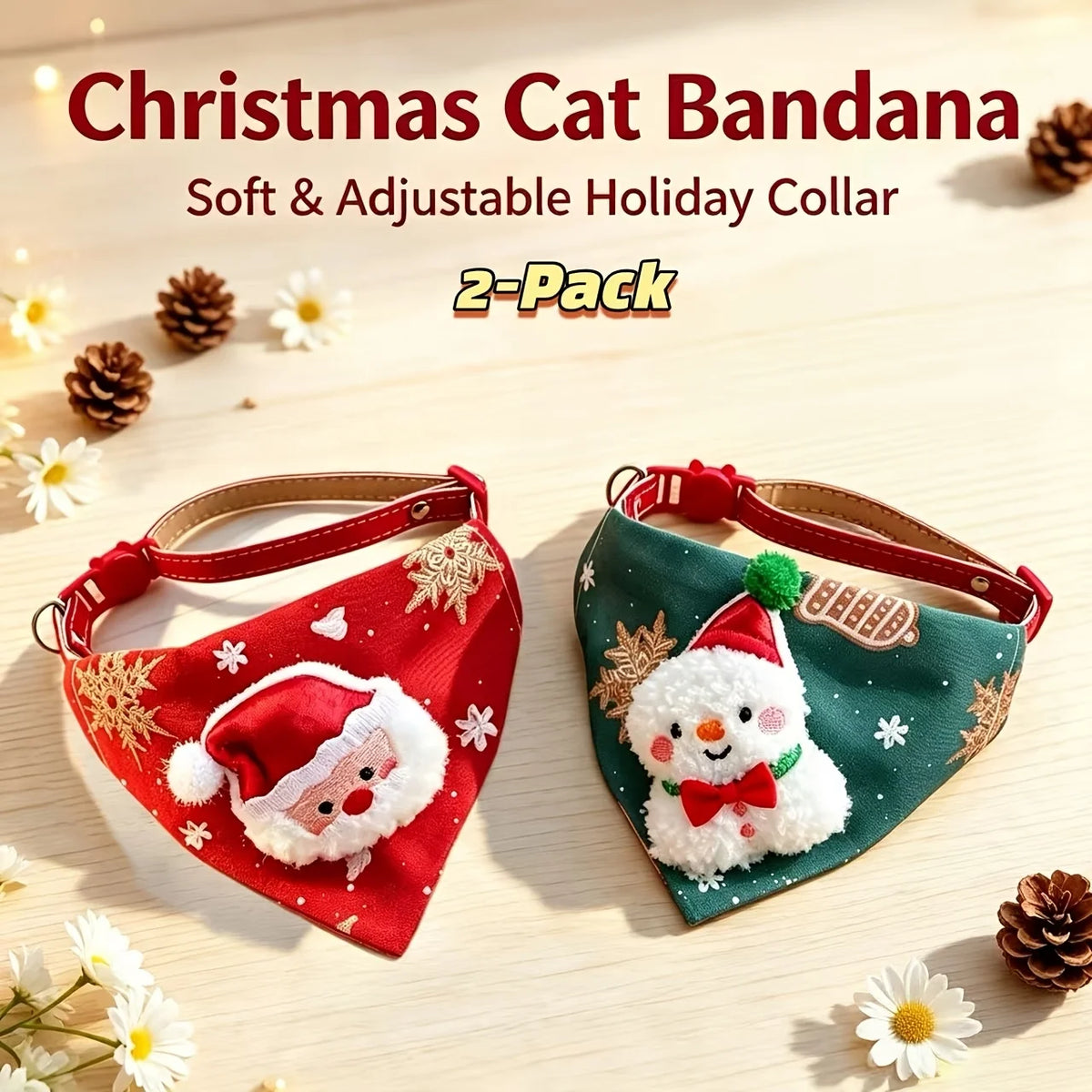 2 Pack Christmas Pet Bandanas Soft Adjustable Holiday Scarf