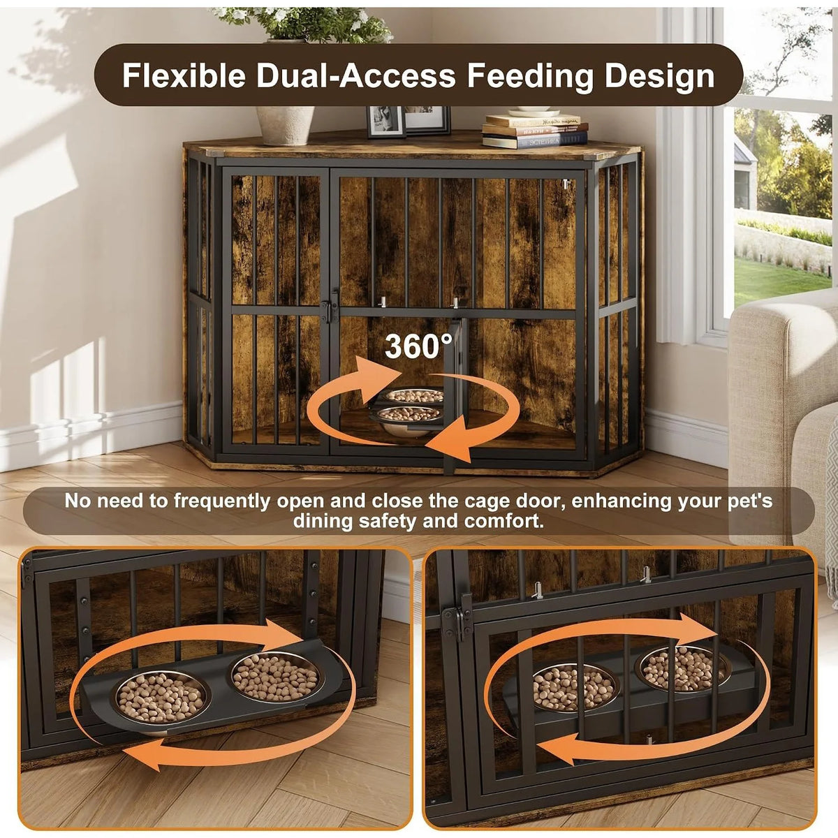 Corner Wooden Dog Crate With Rotating Door And Secure Locks