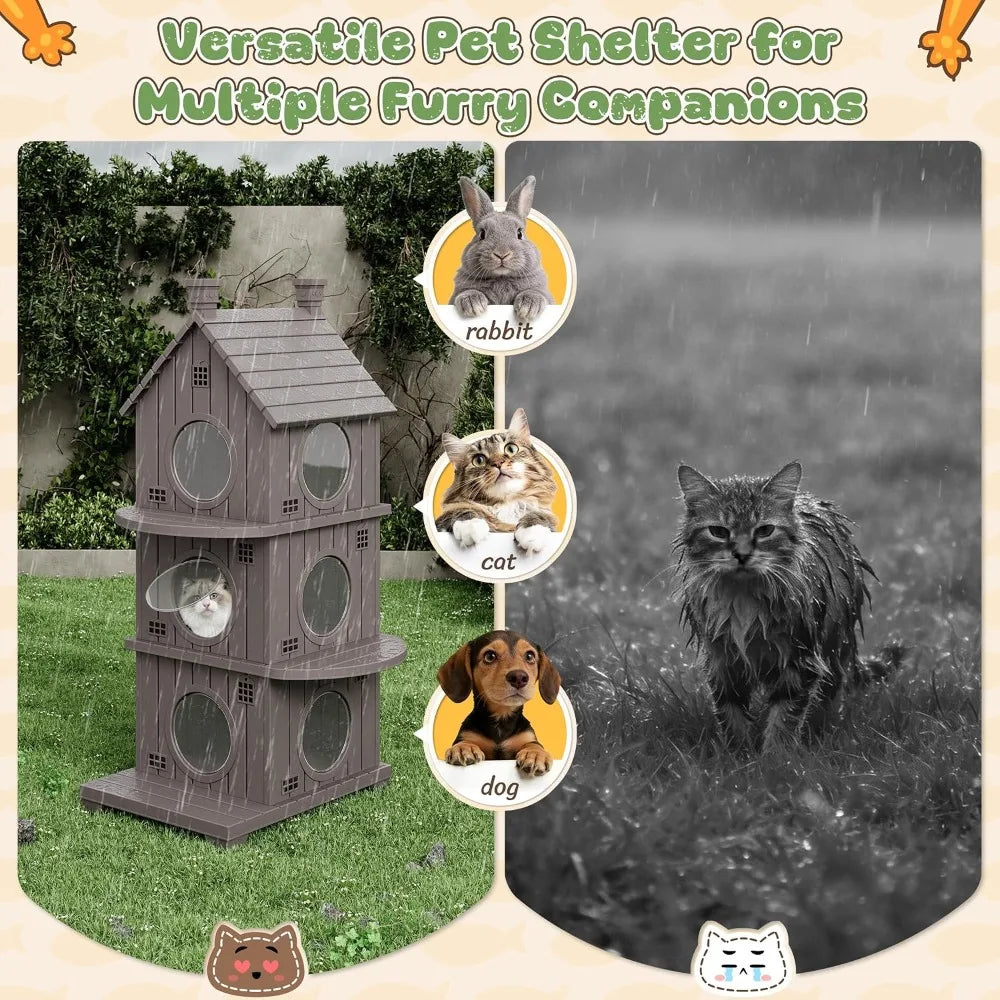 Outdoor Weatherproof Resin Three Story Cat Condo Elevated Base Ventilation