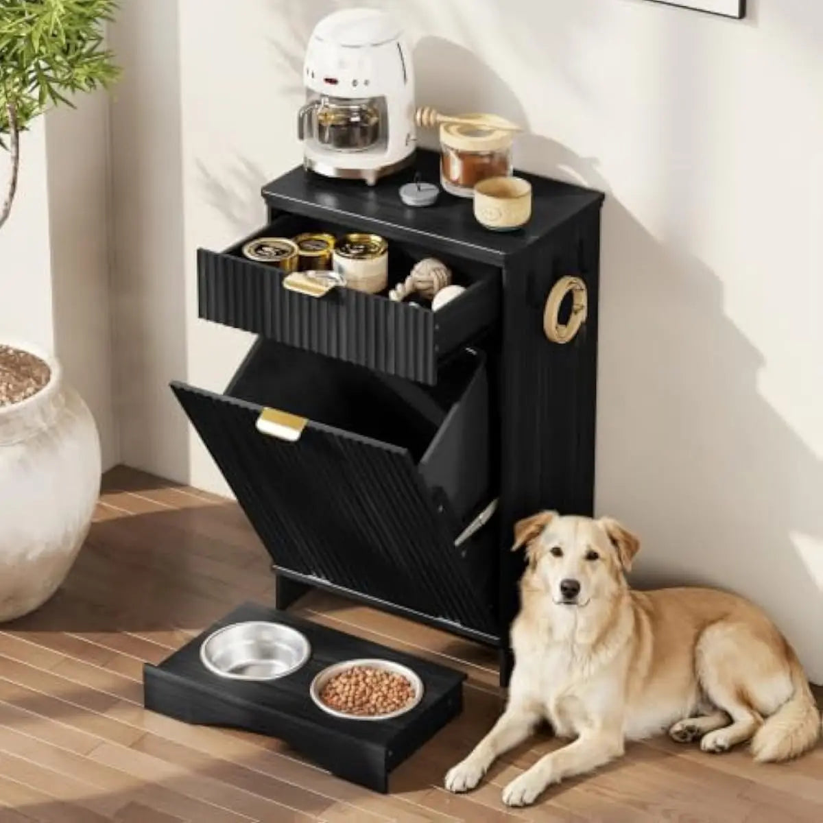 Scratch Resistant Pet Food Storage Cabinet With Dual Bowl Station