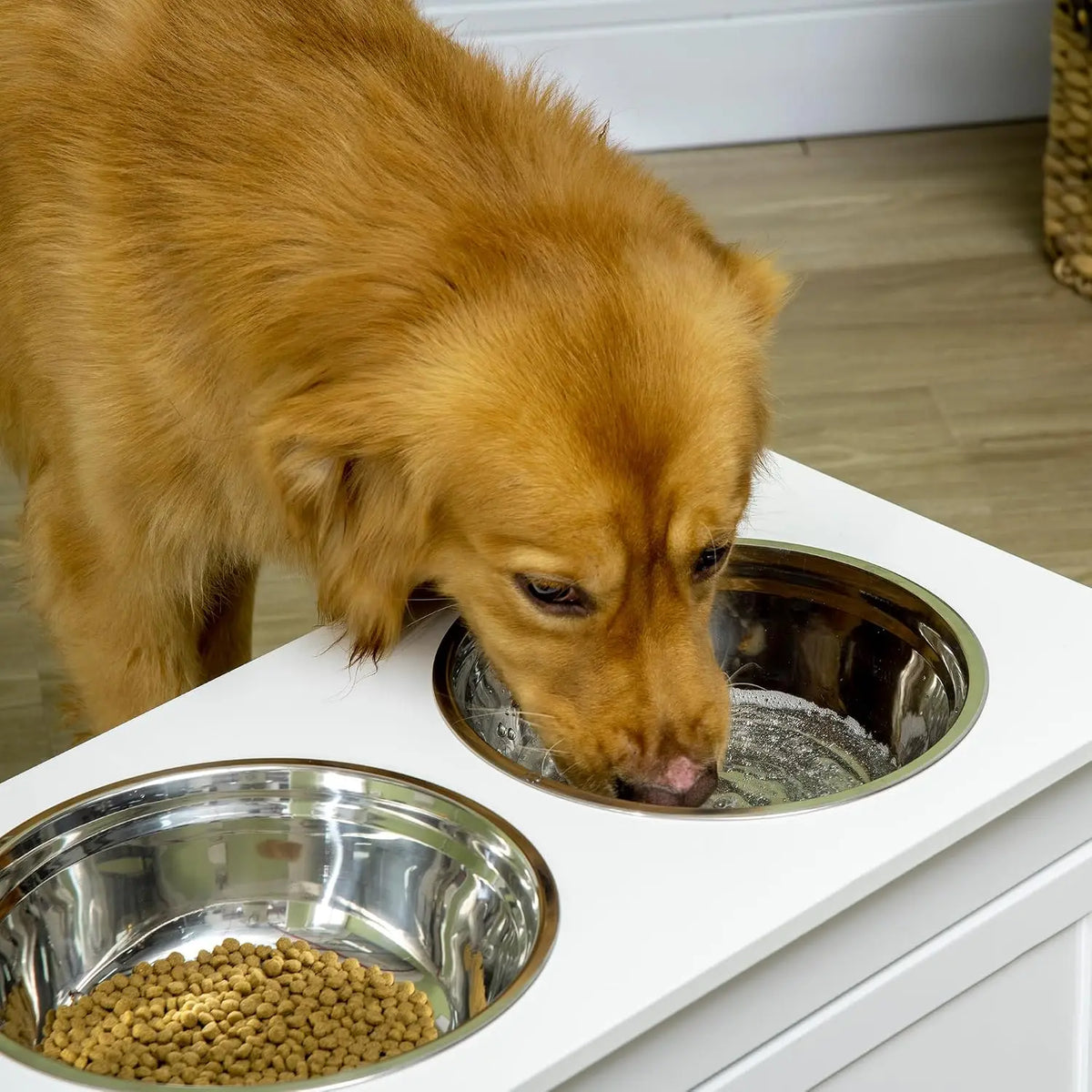 Wooden Elevated Dog Feeding Station With Drawer And Steel Bowls