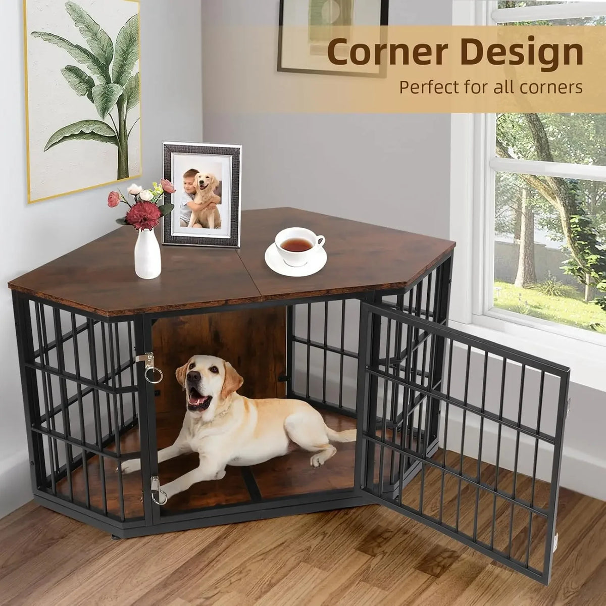 Wooden Corner Dog Crate Furniture Featuring Integrated Side Table