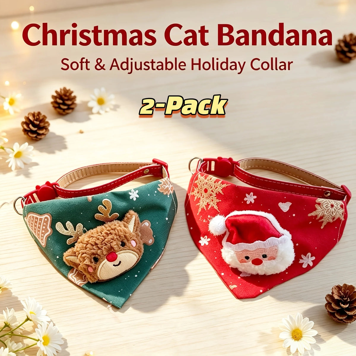 2 Pack Christmas Pet Bandanas Soft Adjustable Holiday Scarf