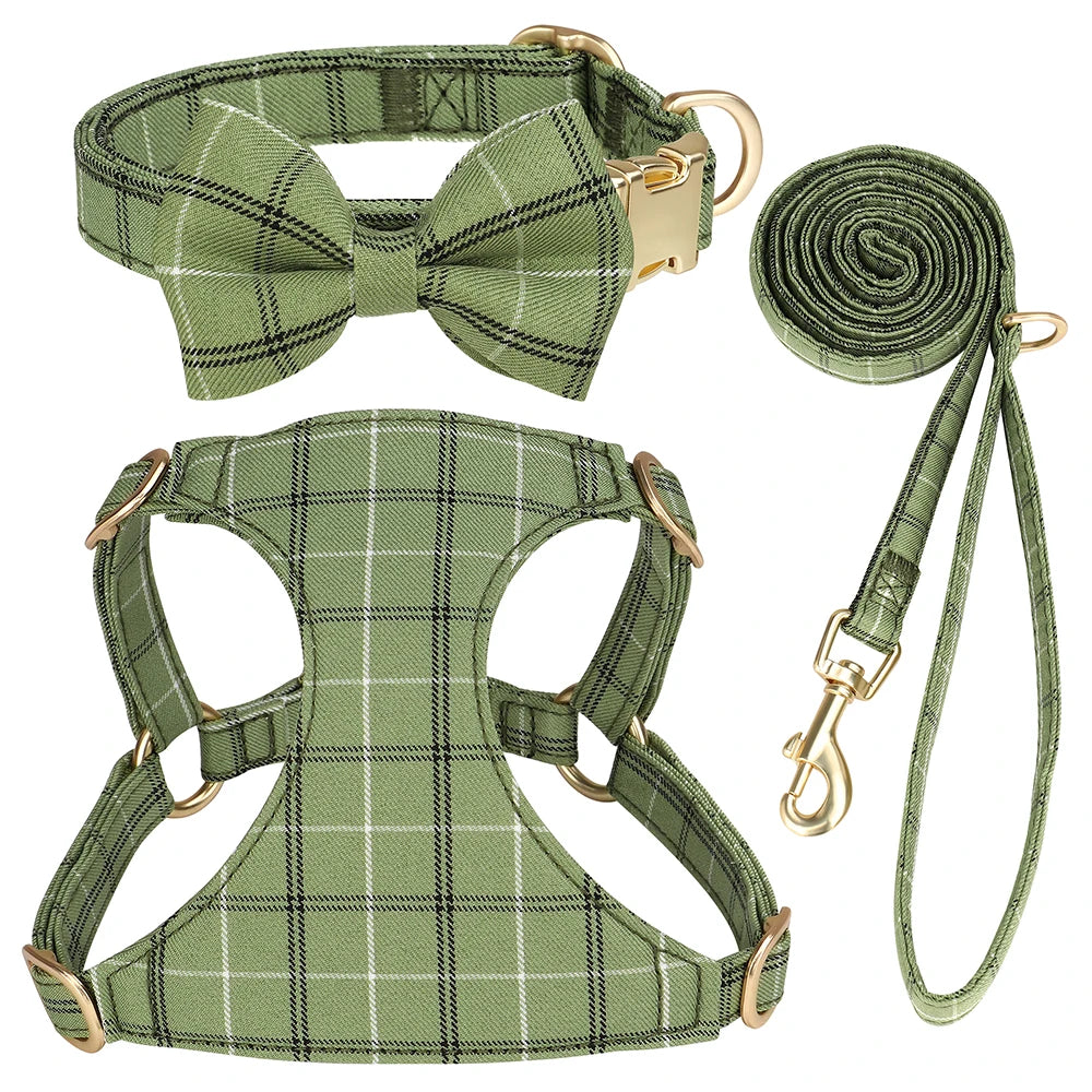Didog Adjustable Plaid Bowtie Dog Collar Harness Leash