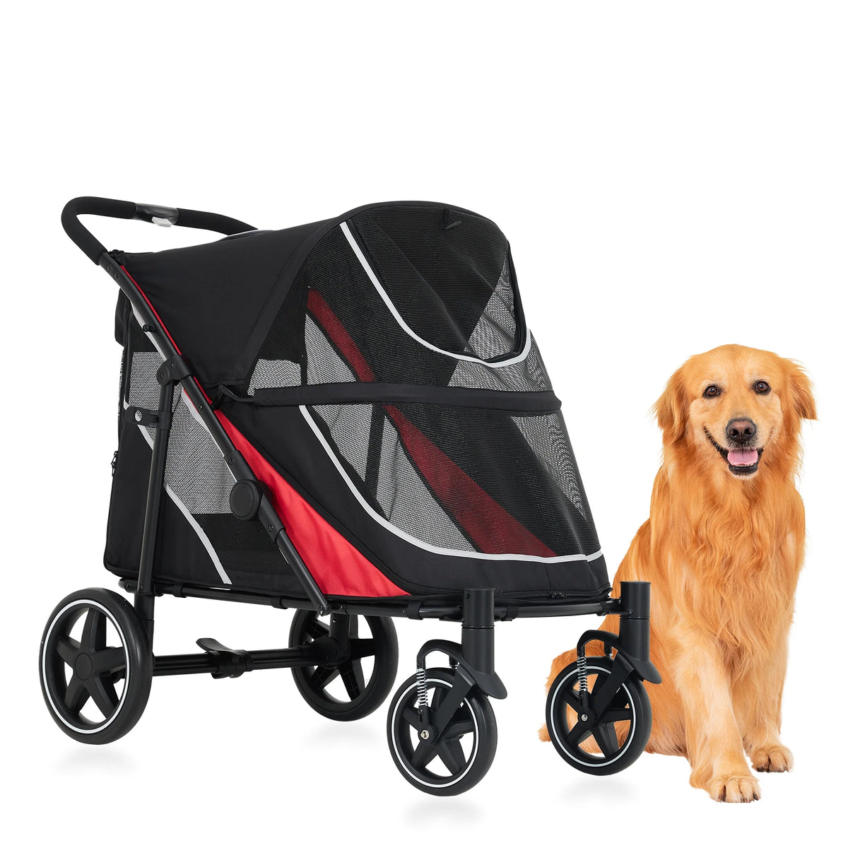 Foldable Dog Stroller With Adjustable Handle And Ventilated Canopy