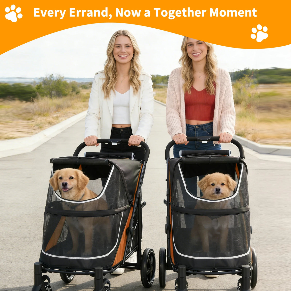 Foldable Dog Stroller With Adjustable Handle And Ventilated Canopy