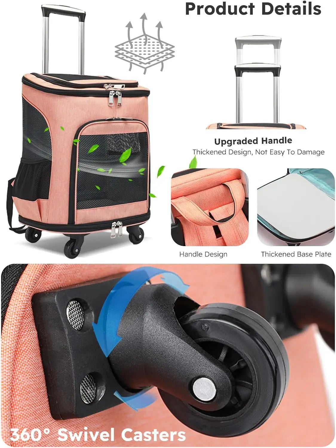 Foldable Wheeled Pet Carrier Backpack With Four Side Mesh Ventilation