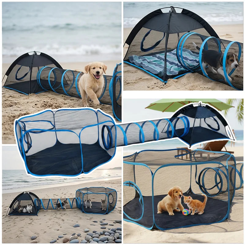 Three In One Foldable Pet Play Tent Mesh Tunnel Kennel