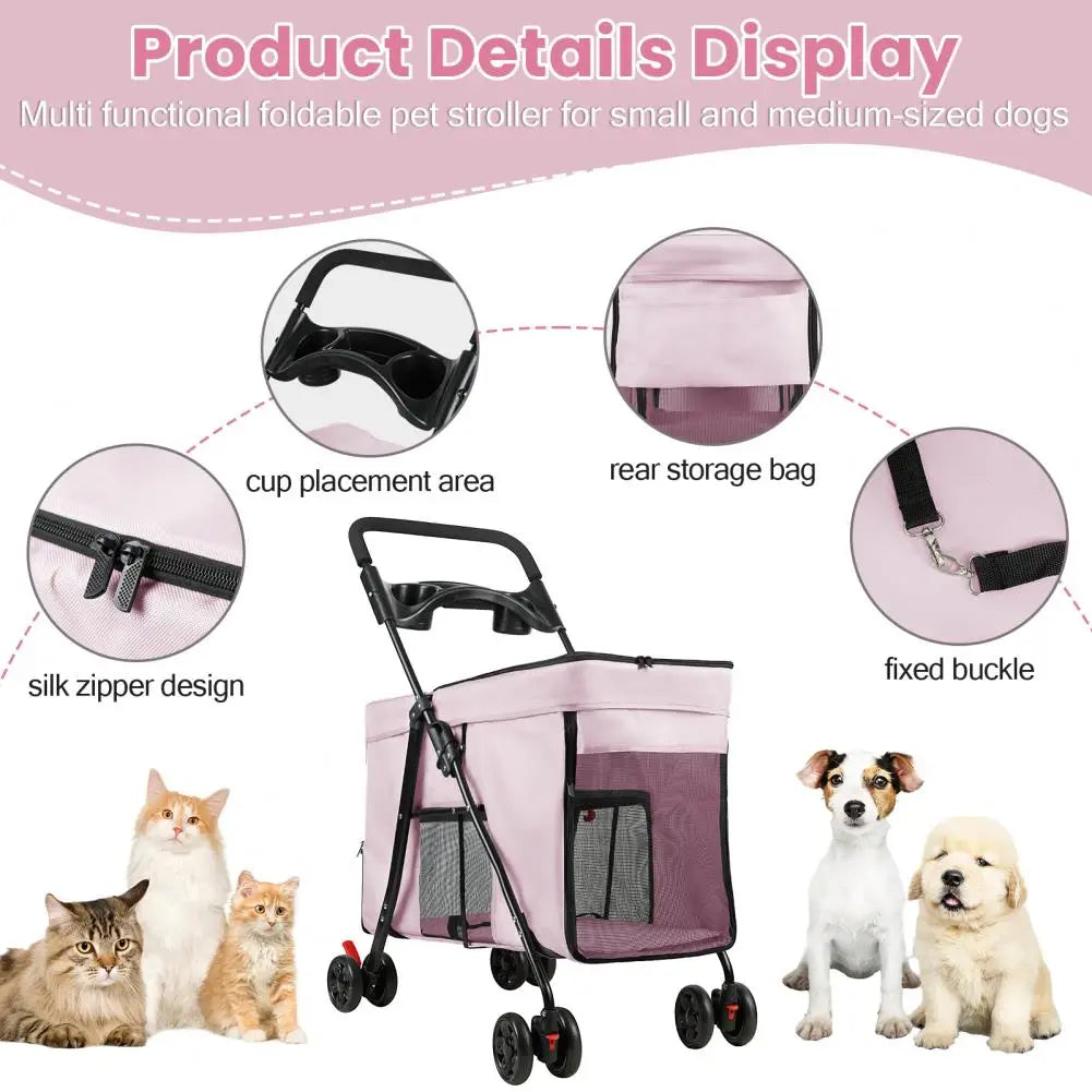 Foldable Dog Stroller With 360 Degree Wheels And Tray