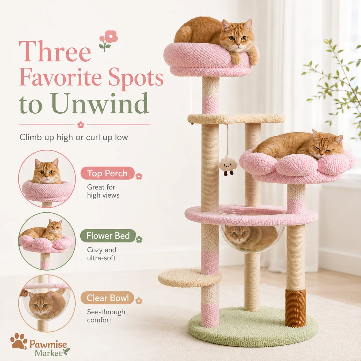Multi Level Cat Tower With Sisal Posts And Soft Plush Perches