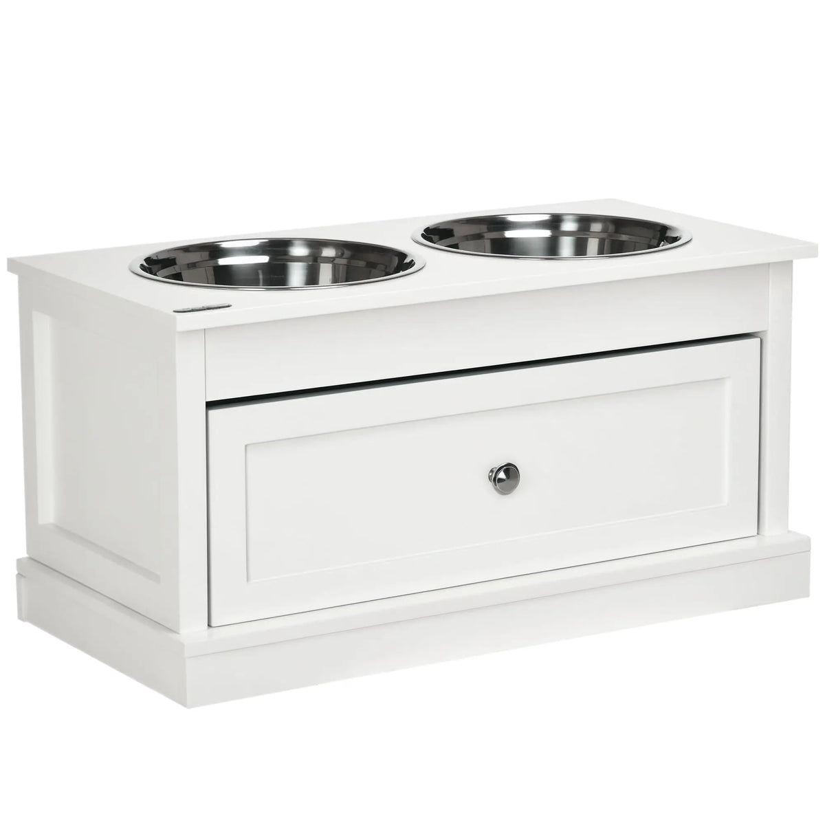 Wooden Elevated Dog Feeding Station With Drawer And Steel Bowls
