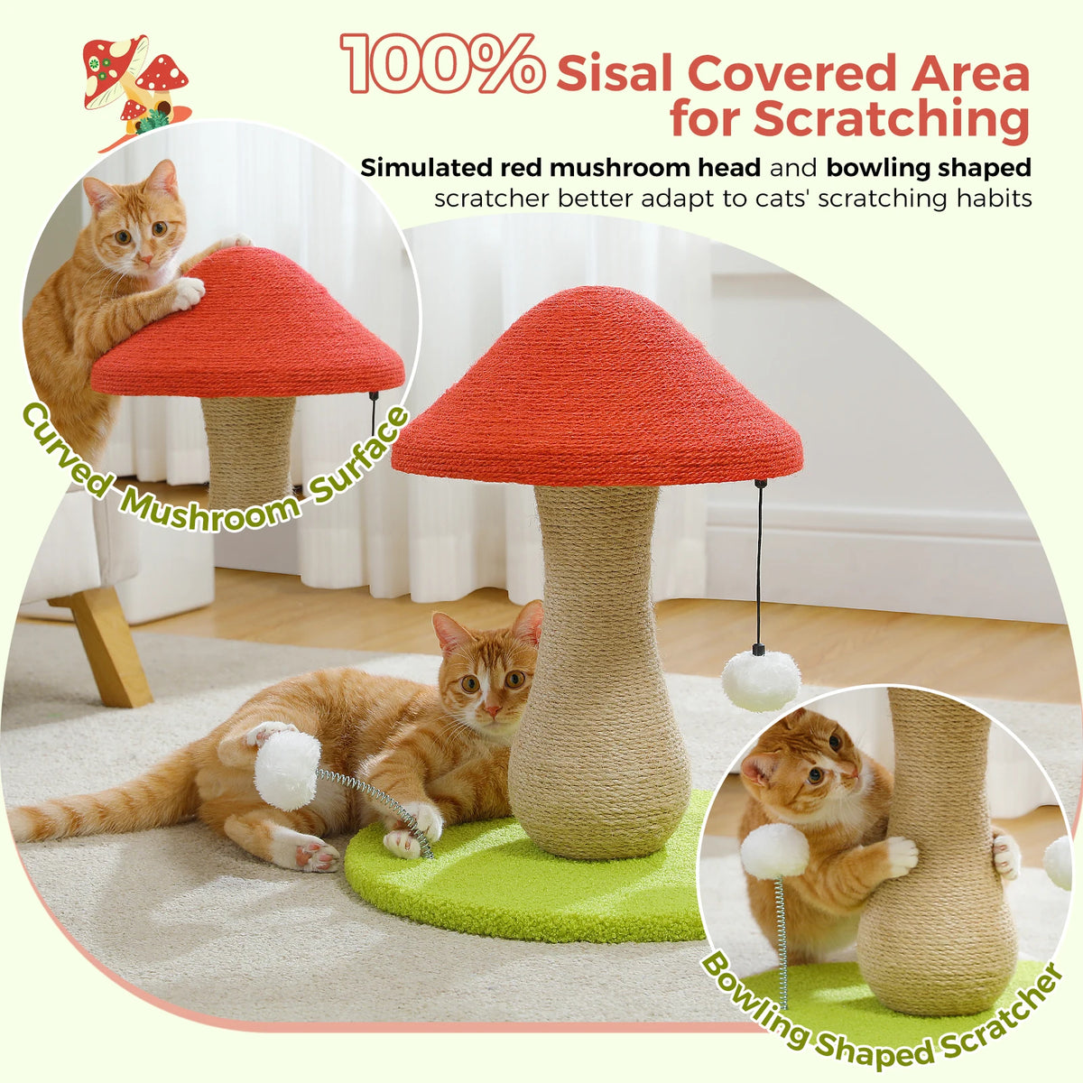 PAWZ Road Mushroom Cat Scratching Post Featuring Sisal And Pompoms