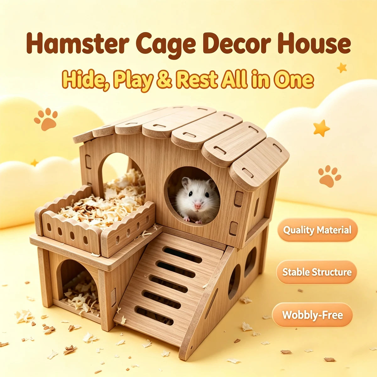 Wooden Hamster Villa MultiChamber Small Pet Hideout Shelter