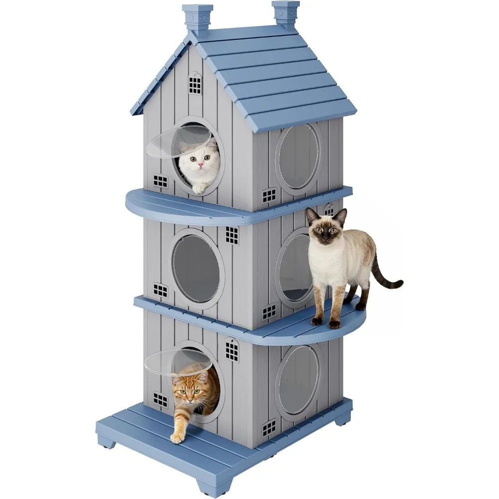 Outdoor Weatherproof Resin Three Story Cat Condo Elevated Base Ventilation