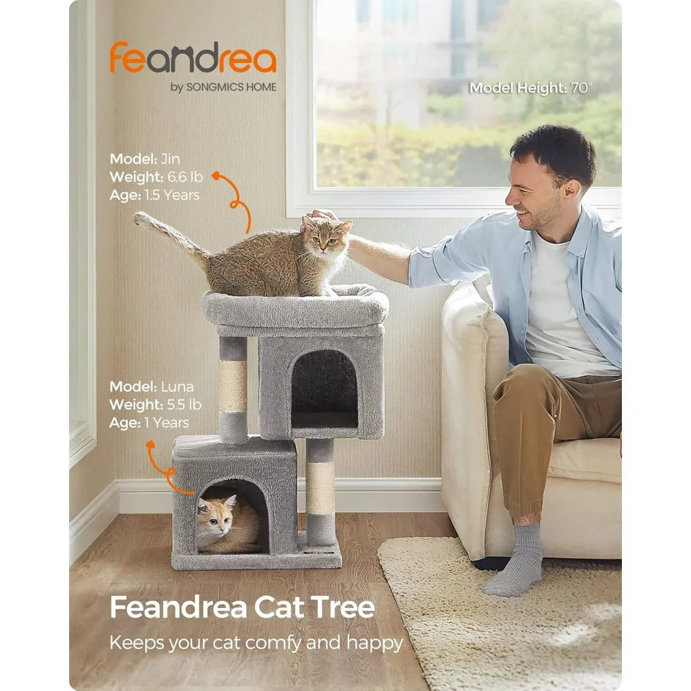 XIUWO Plush Cat Tower Condo Featuring Dual Caves And Scratcher