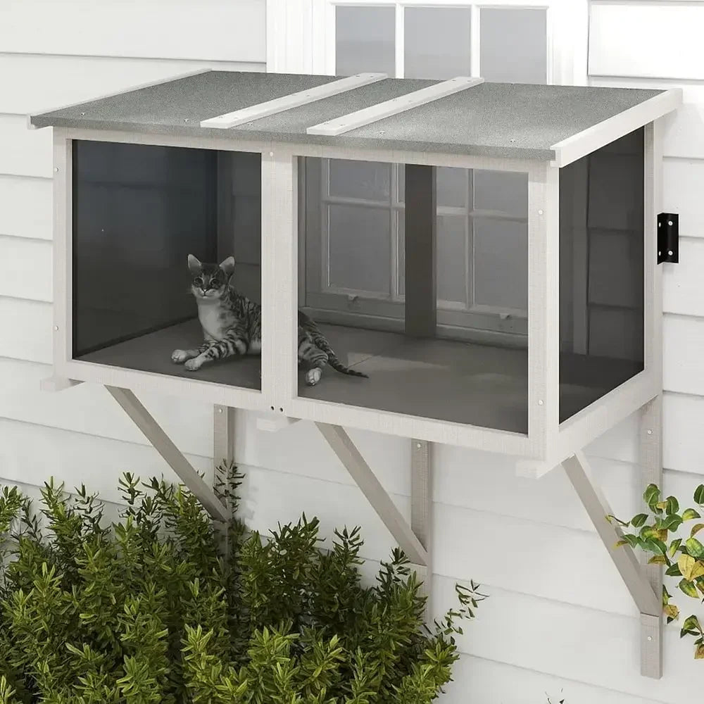 Expandable Wooden Window Cat Enclosure With Insect Proof Hammock