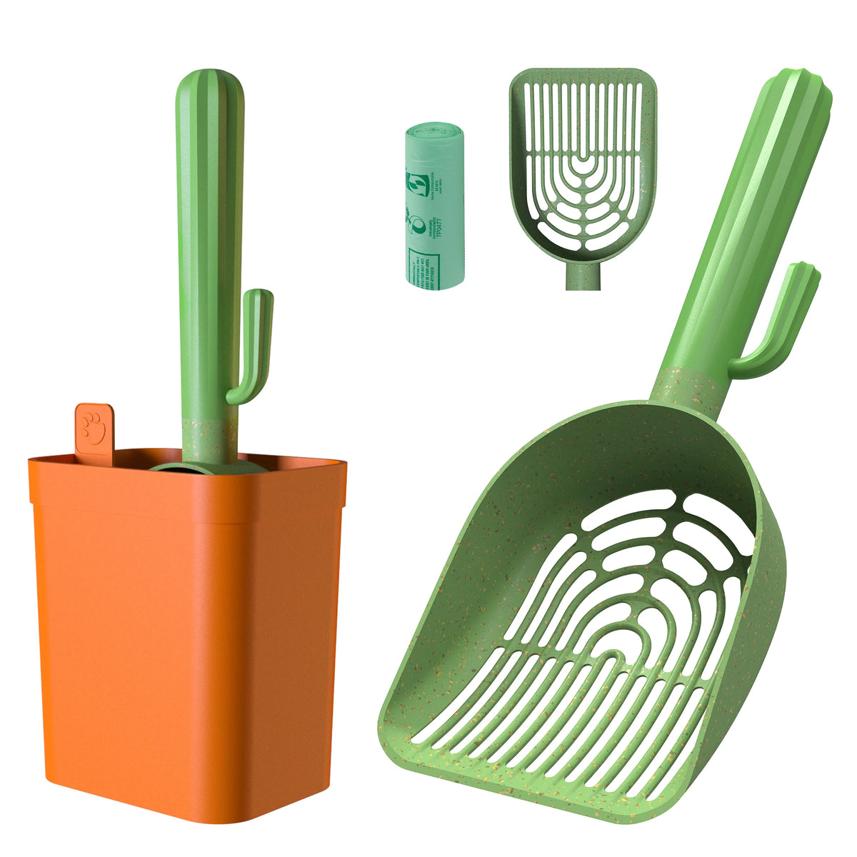 Cactus Cat Litter Scoop with Bag Holder and Two Shovels
