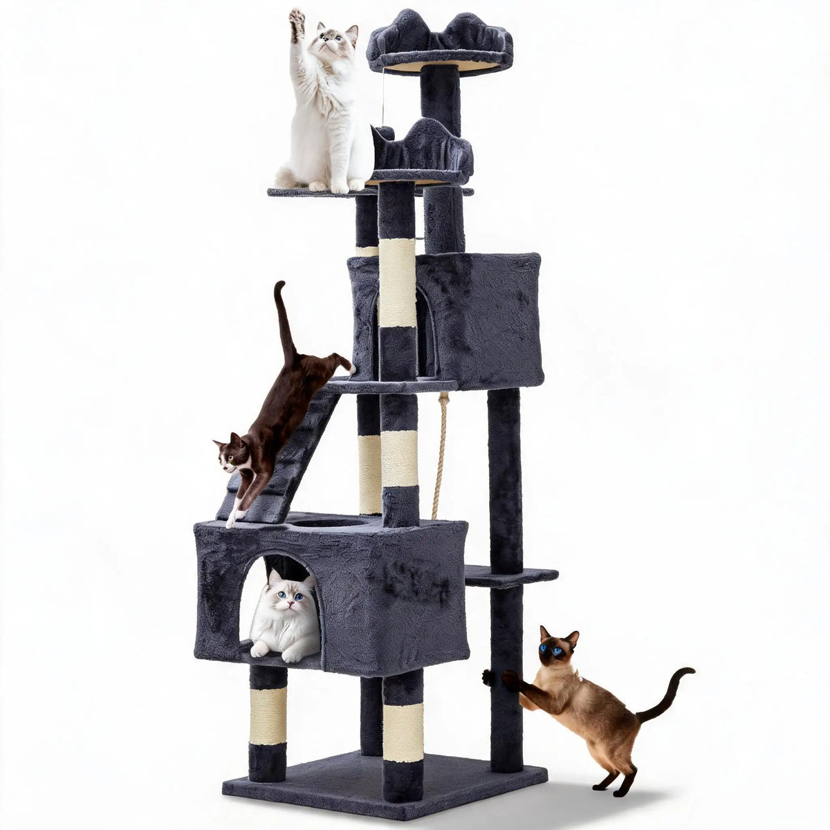 Spacious Multi Level Cat Tree With Sisal Posts And Hammock