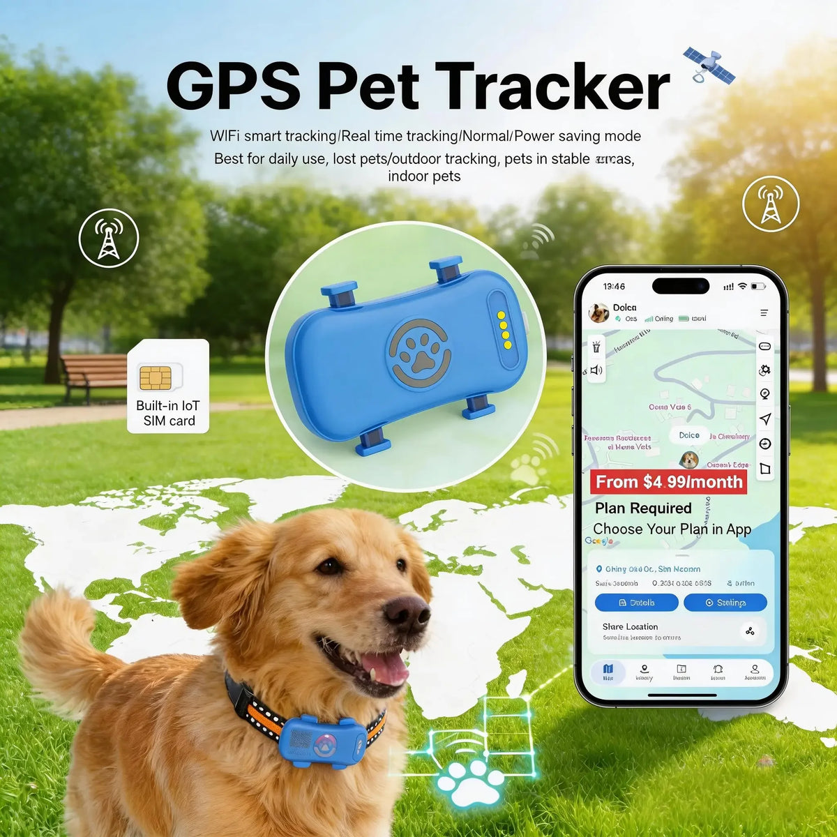 Wanwaytech 4G Pet Tracker Real-Time Tracking IP67 Waterproof WiFi Sim