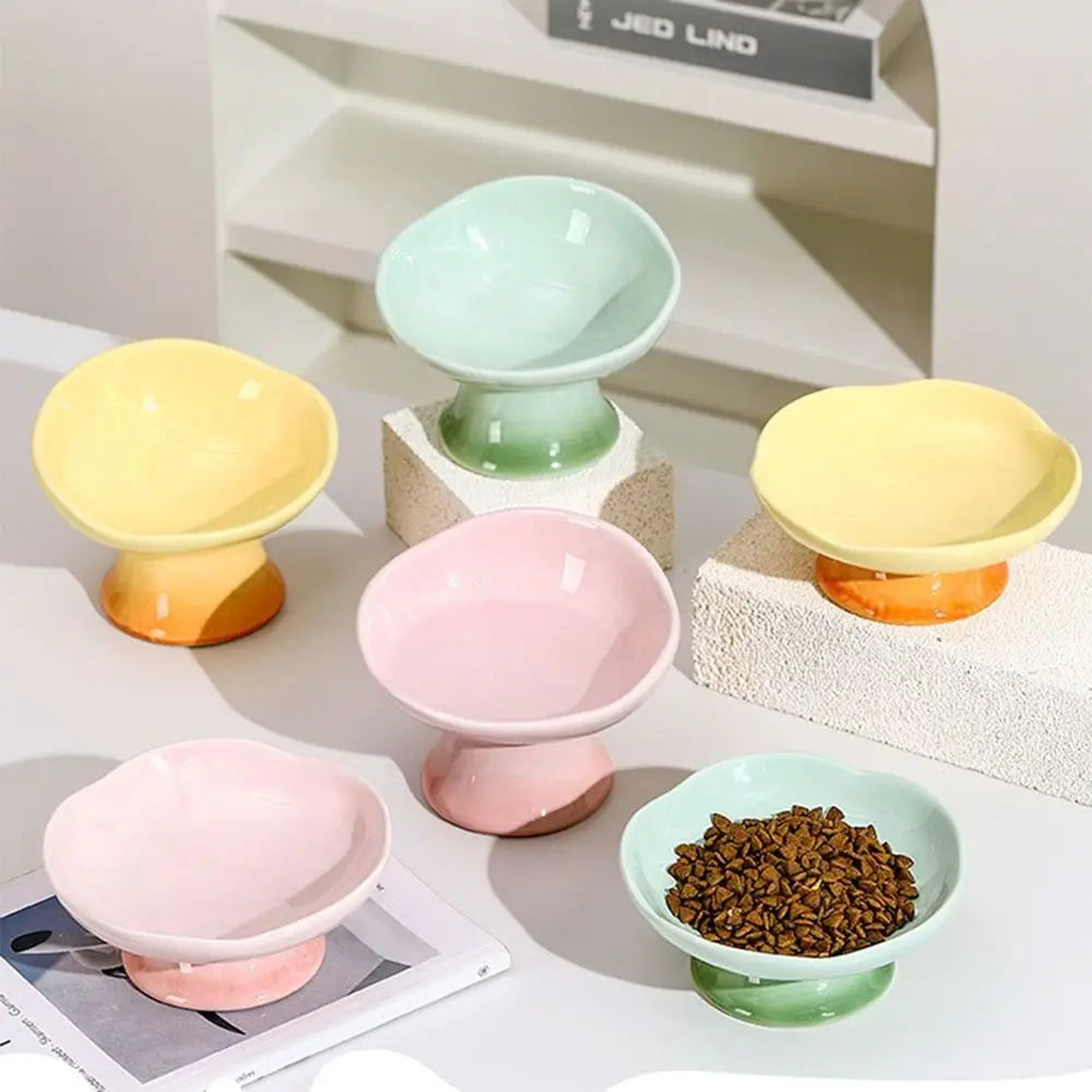 Flower Shape Ceramic Elevated Cat And Dog Feeding Bowl