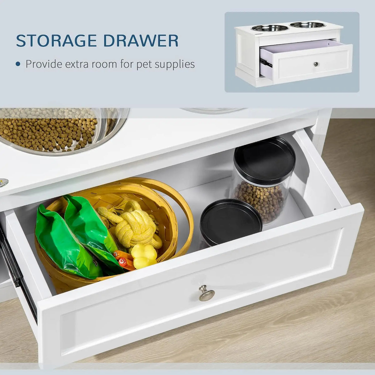 Wooden Elevated Dog Feeding Station With Drawer And Steel Bowls