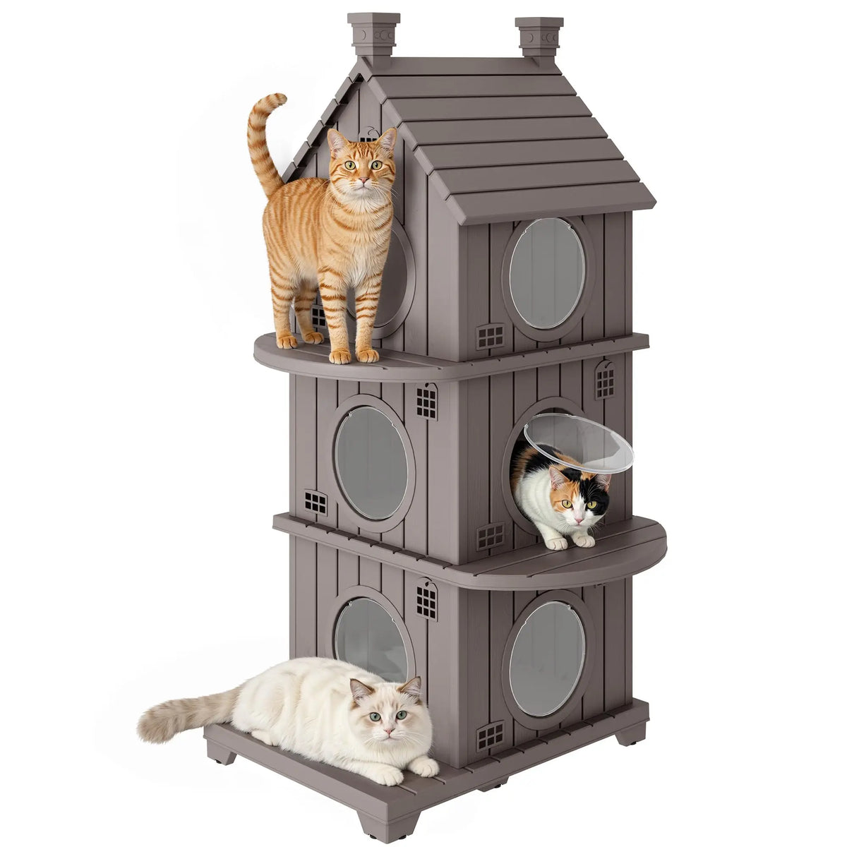 Outdoor Weatherproof Resin Three Story Cat Condo Elevated Base Ventilation