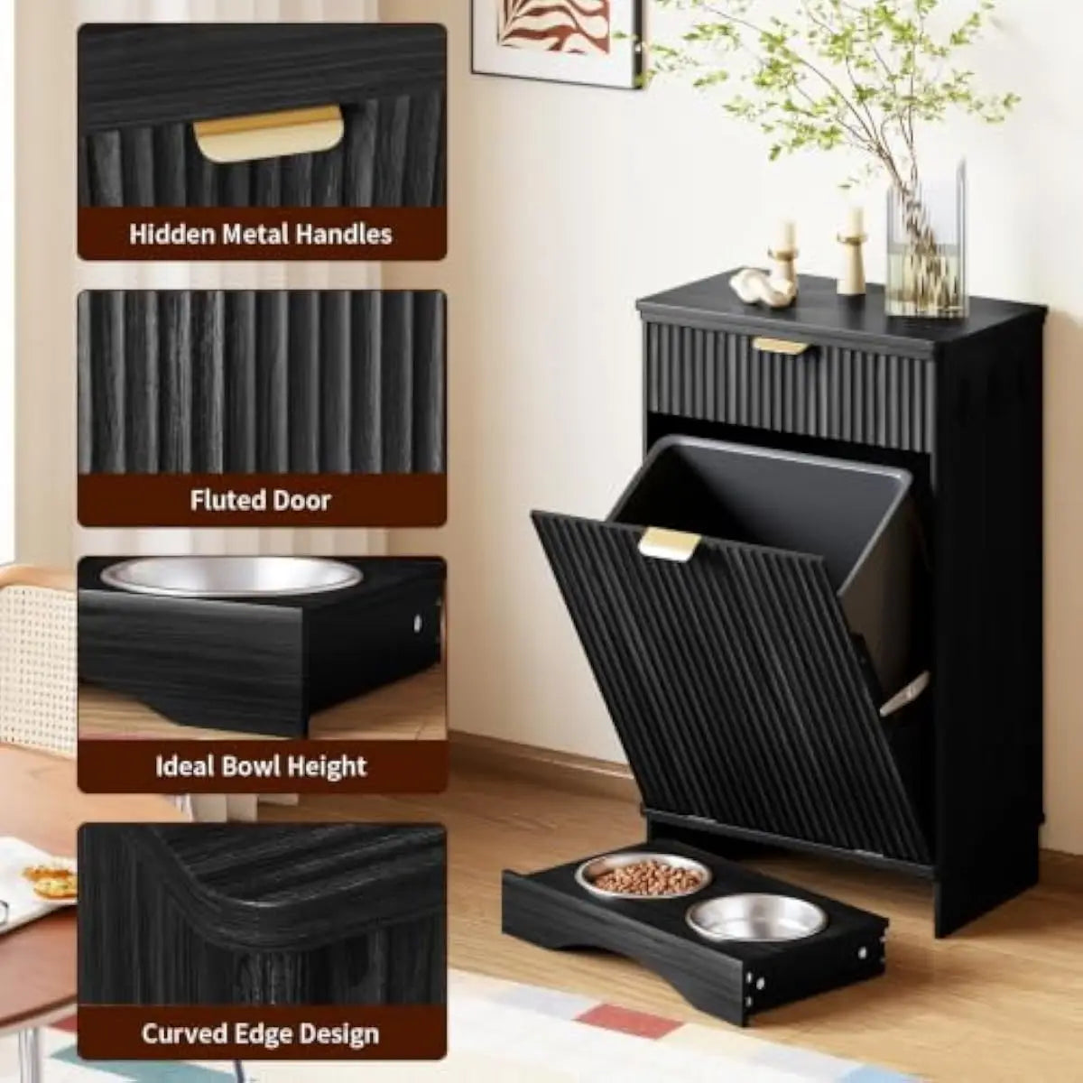 Scratch Resistant Pet Food Storage Cabinet With Dual Bowl Station