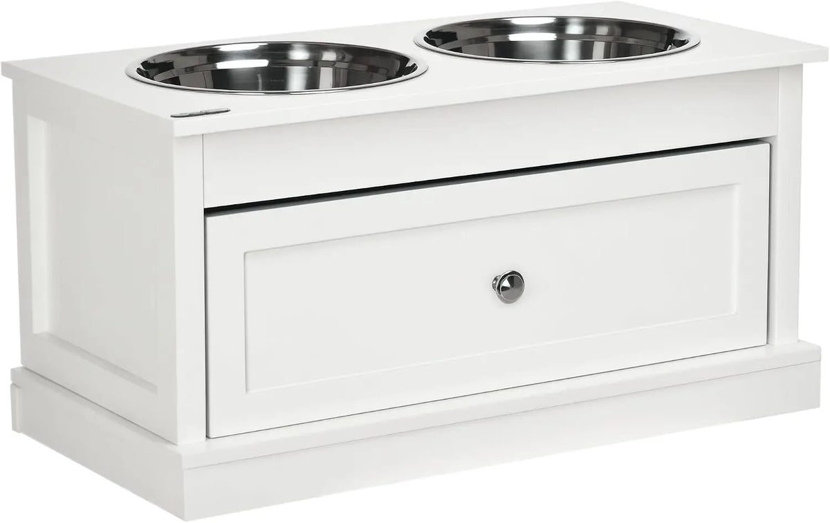 Wooden Elevated Dog Feeding Station With Drawer And Steel Bowls